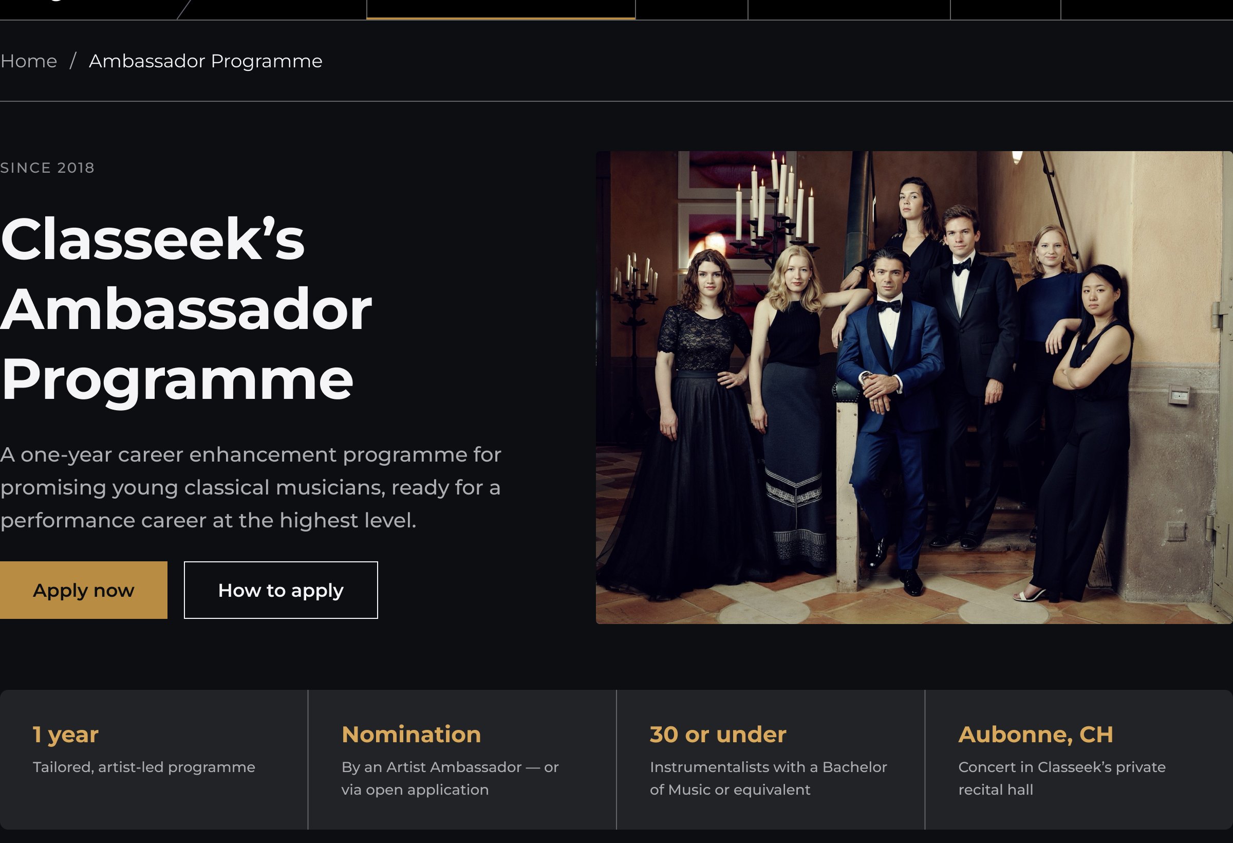 Ambassador Programme page: title, ensemble photo, 'Apply now' and 'How to apply' buttons and a strip of key facts.