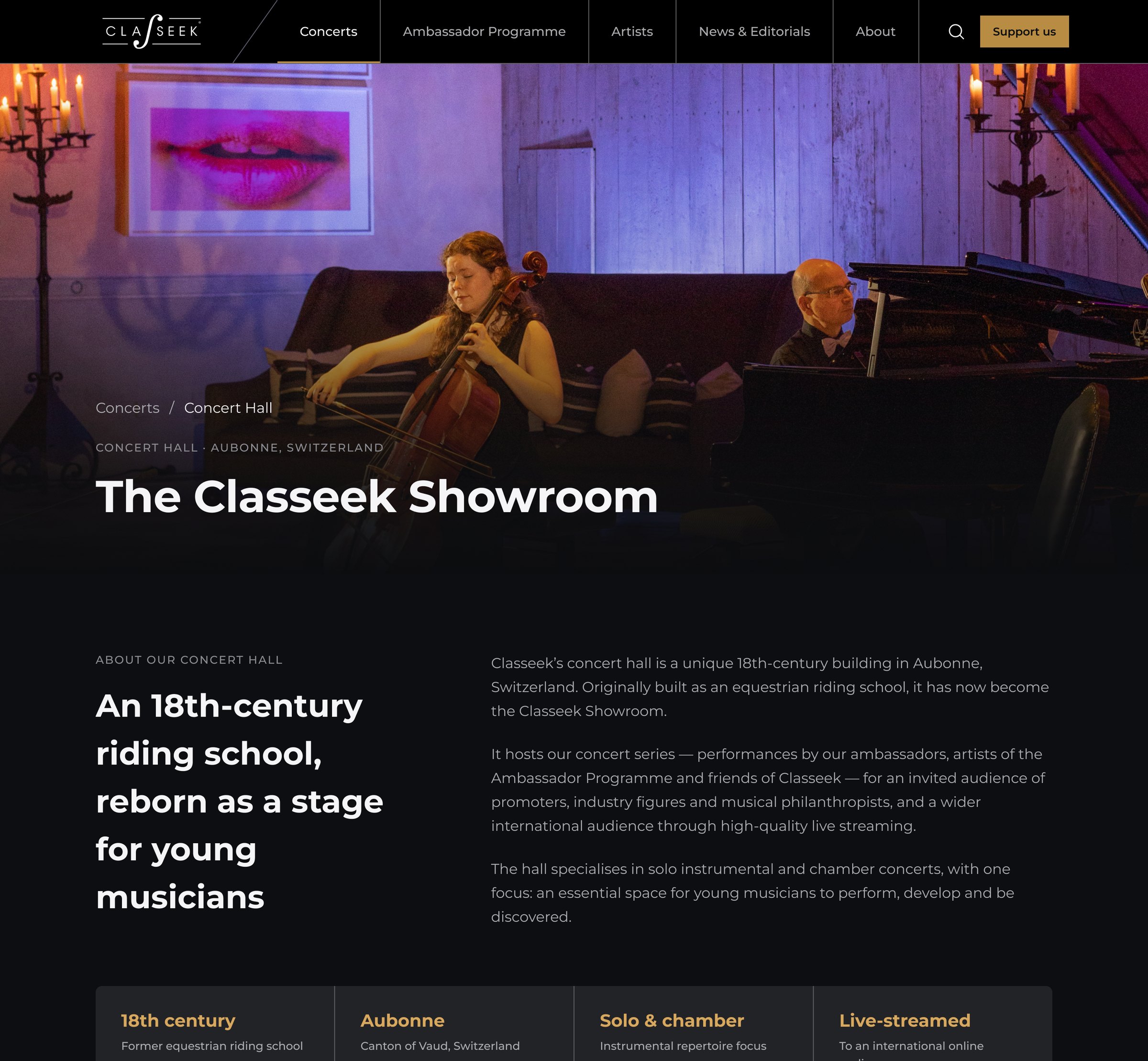 Concert Hall page: a wide photo of the showroom in violet light, the title 'The Classeek Showroom', and a short history with key facts.