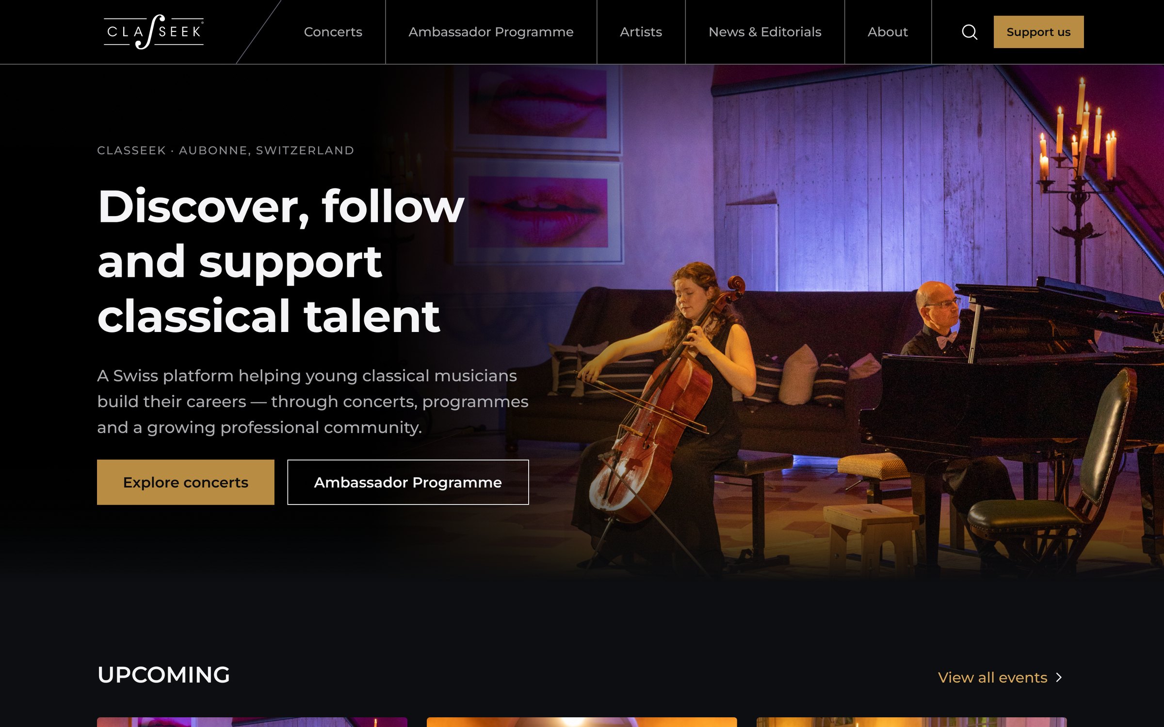 Classeek homepage on desktop: dark header with visible navigation, a concert photo in violet light and the headline 'Discover, follow and support classical talent' with gold buttons.