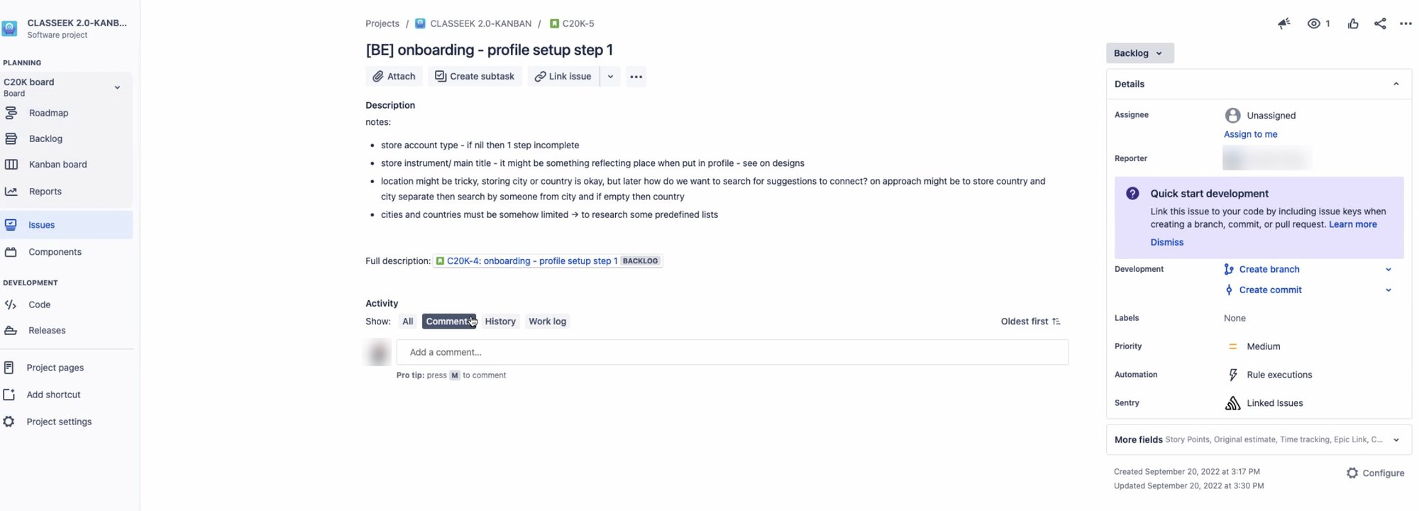 A Jira ticket on the Classeek 2.0 Kanban board: '[BE] onboarding – profile setup step 1', with notes that refer to the designs.
