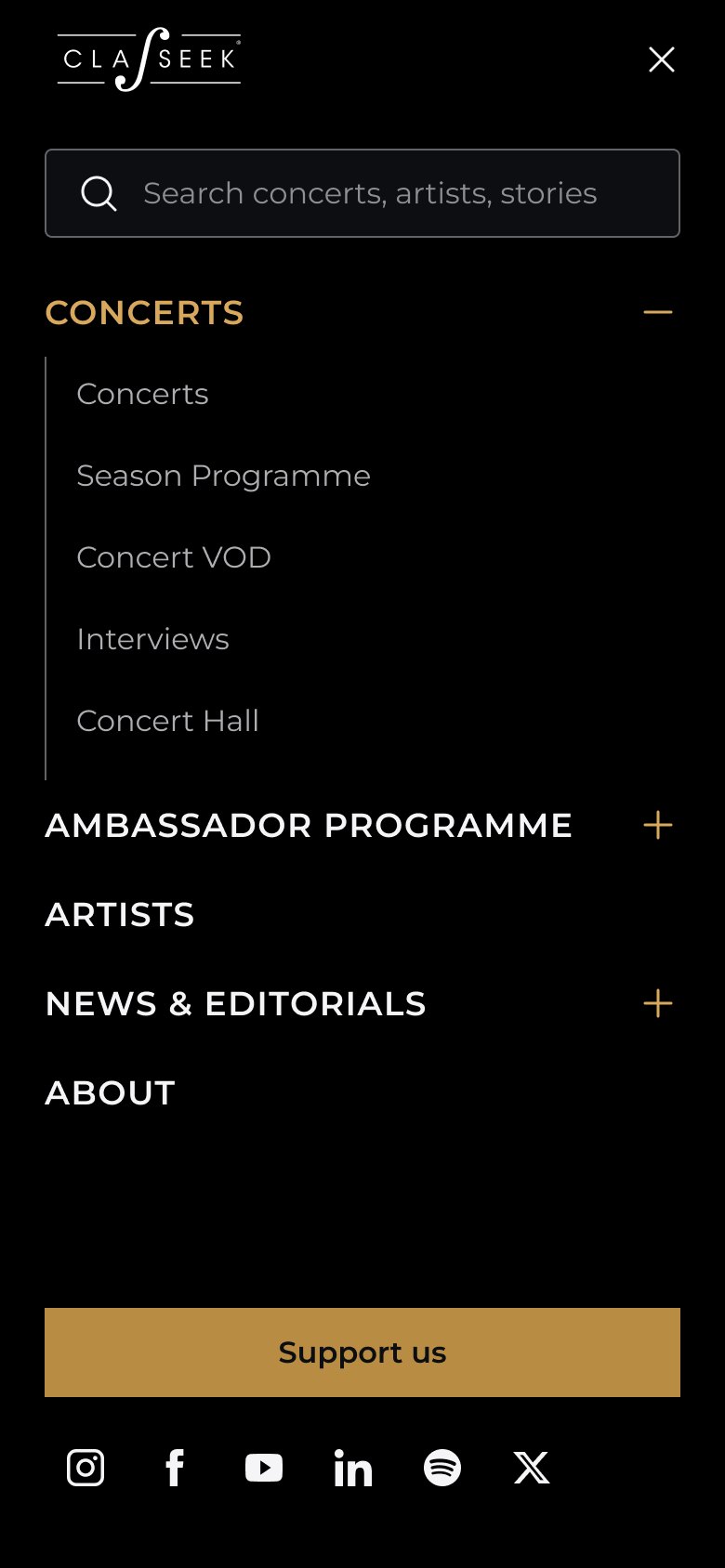 Full-screen menu on mobile with search, expandable sections and a 'Support us' button.