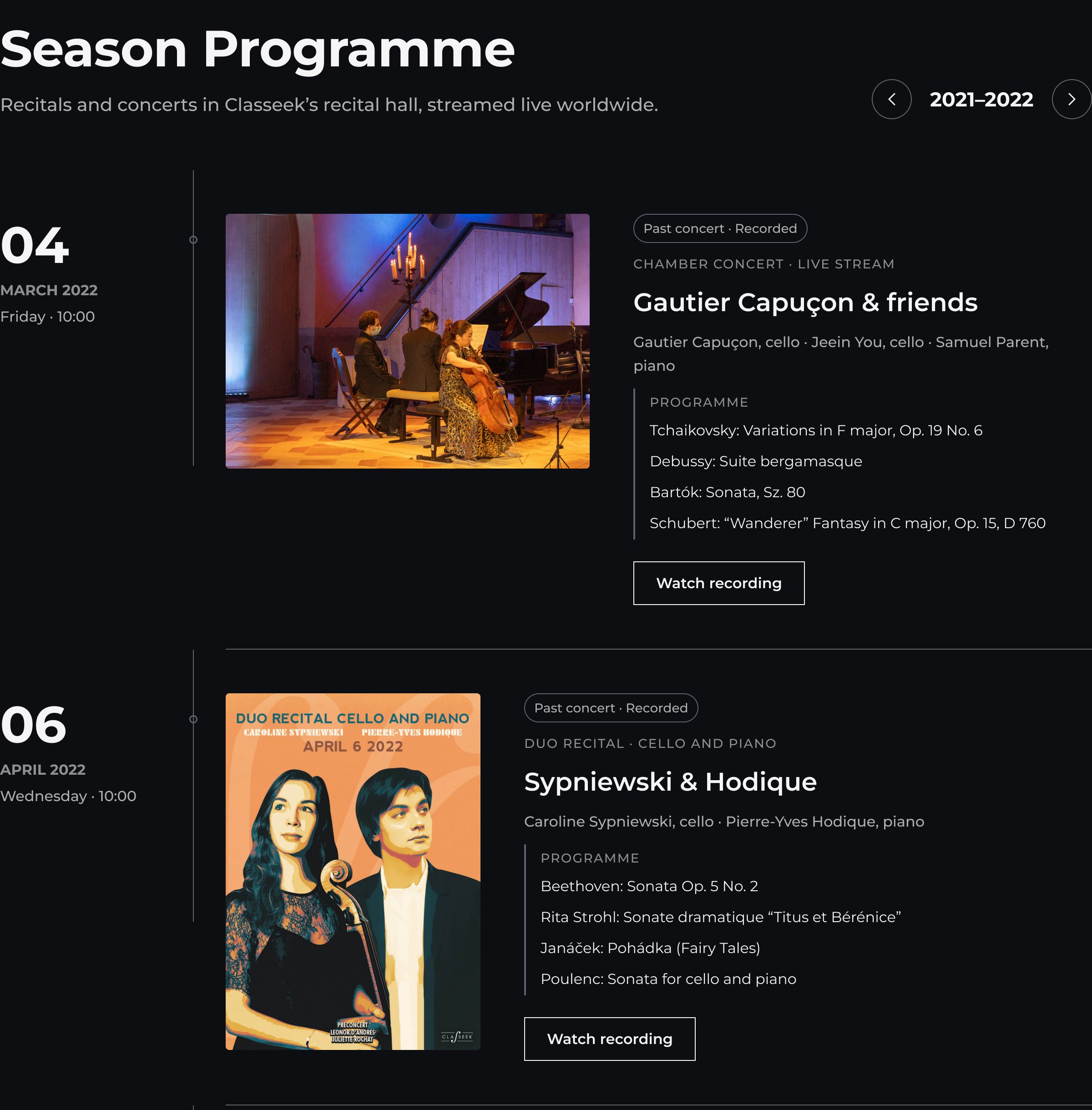 Season Programme page: 2021–2022 season as a timeline, including the 6 April 2022 duo recital by Caroline Sypniewski and Pierre-Yves Hodique with the orange concert poster.