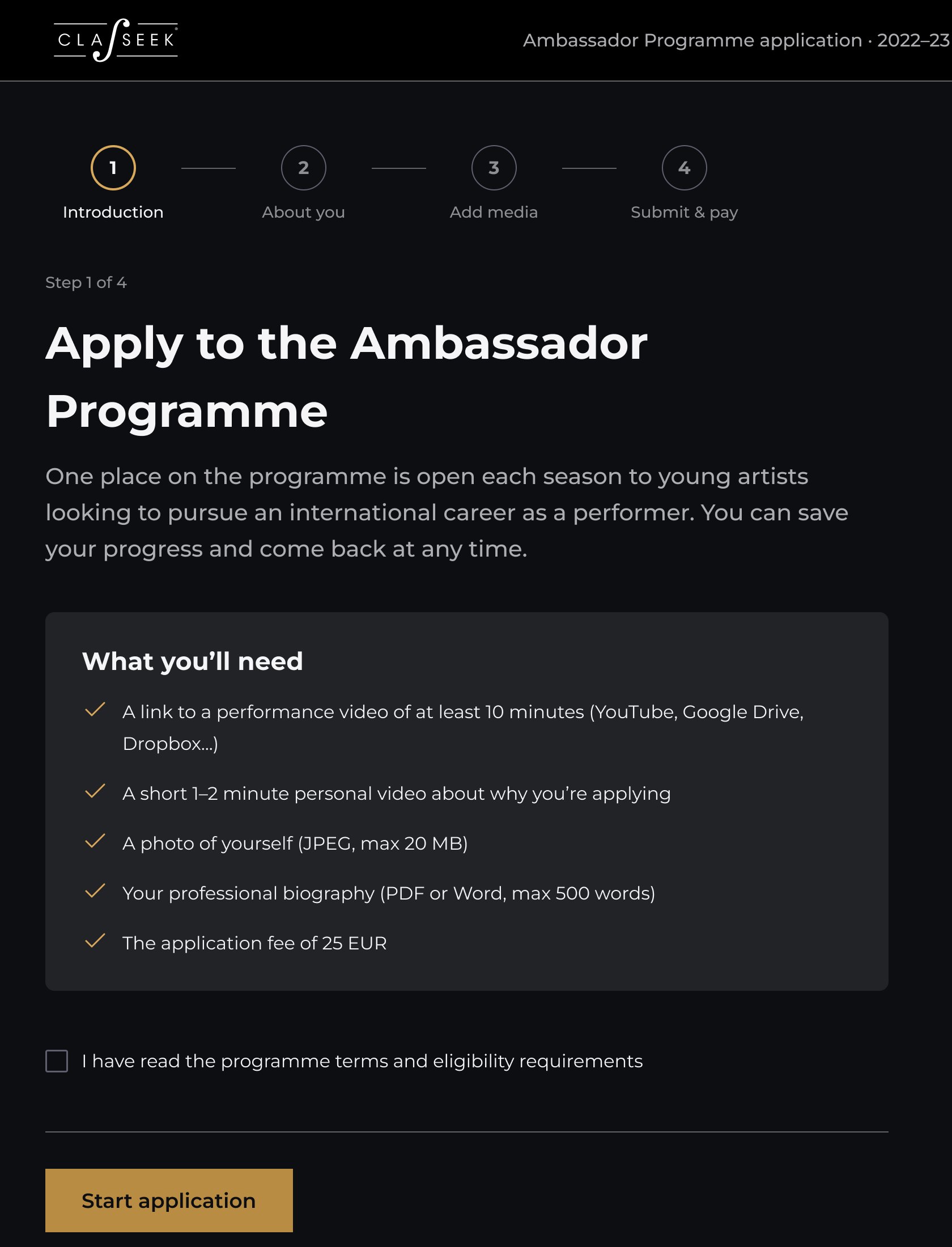 Application step 1 'Apply to the Ambassador Programme': stepper, a 'What you'll need' checklist and a terms checkbox before 'Start application'.