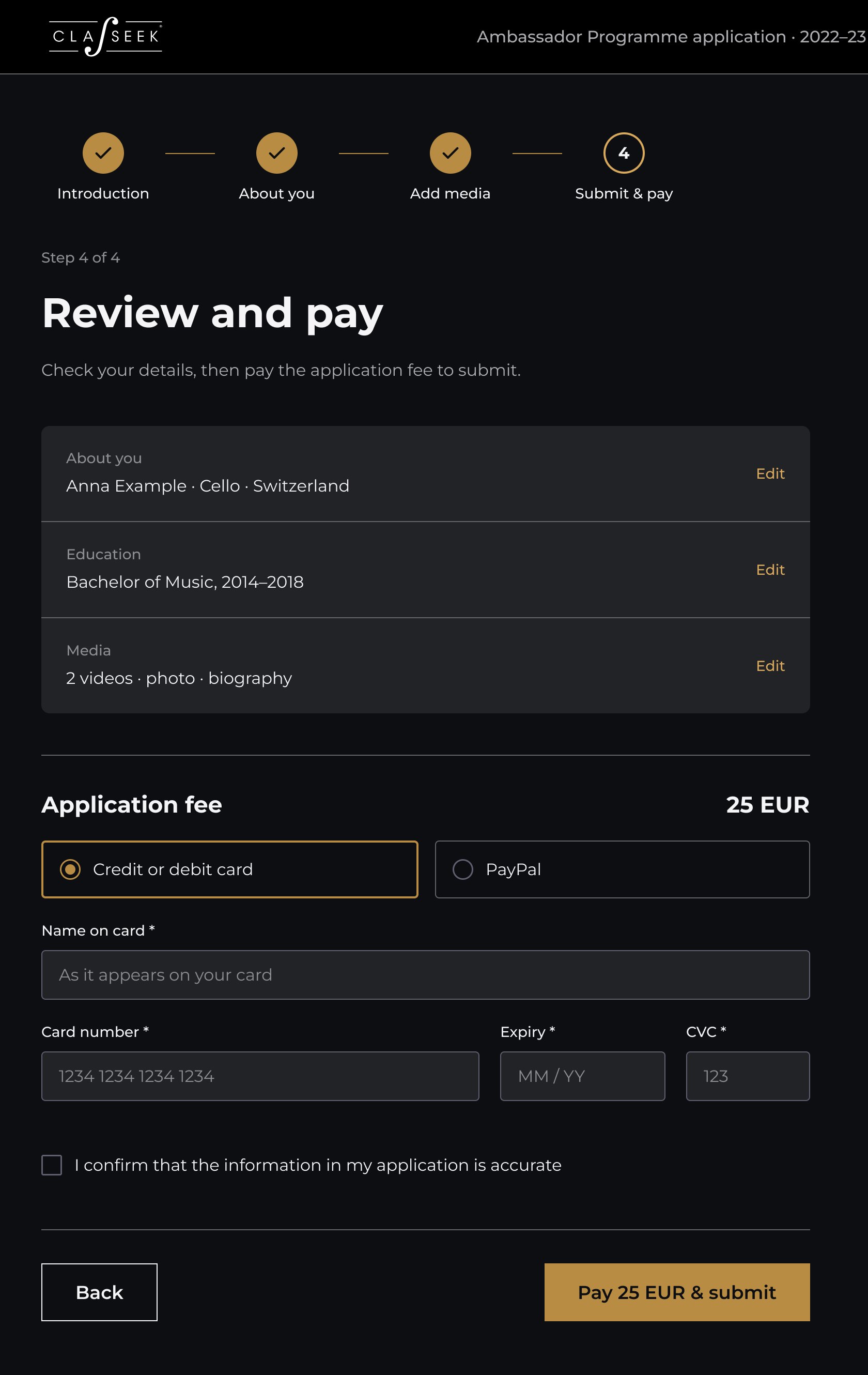 Application step 4 'Review and pay': summary of the application with edit links, payment method, card fields and 'Pay 25 EUR & submit'.