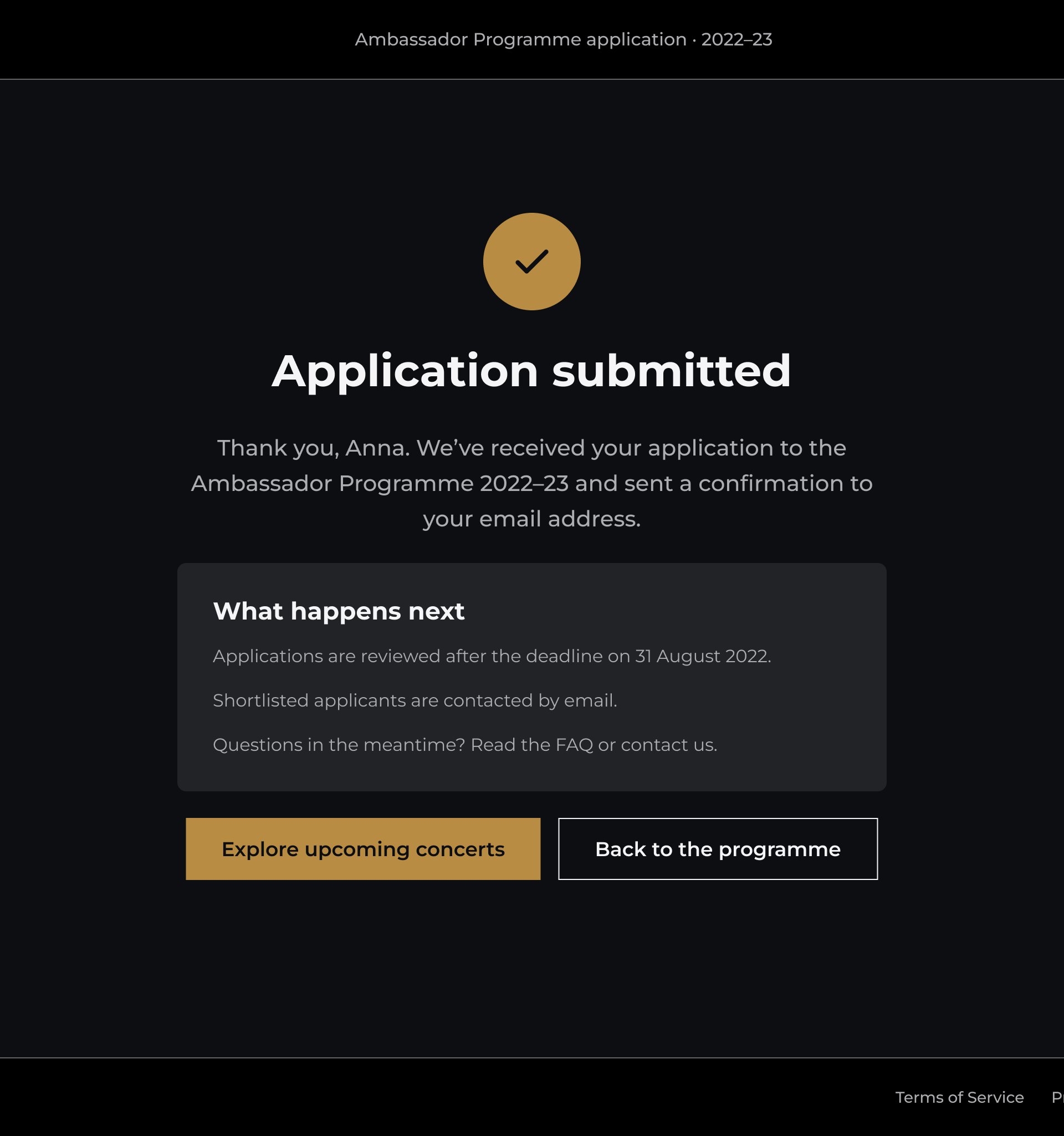 'Application submitted' confirmation with a 'What happens next' box and buttons to explore concerts or go back to the programme.